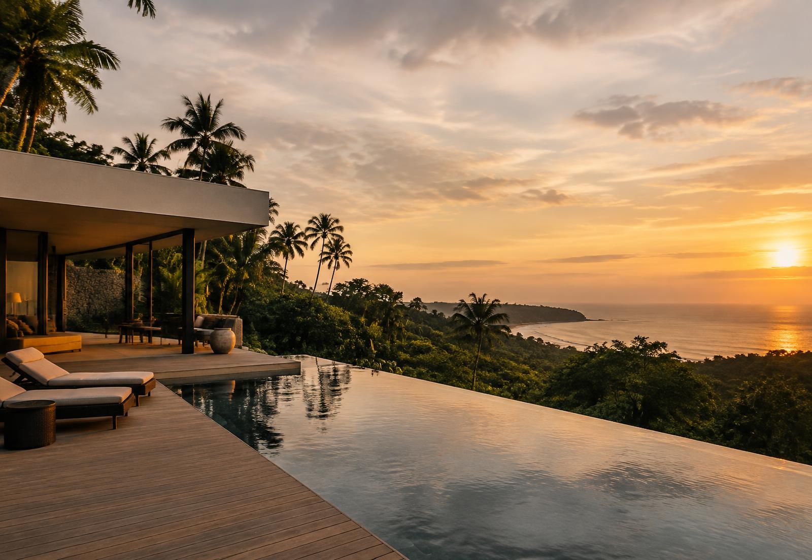 Private villa infinity pool at sunset